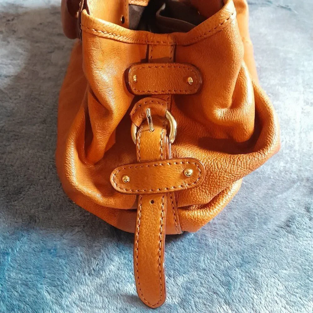 Antonio Melani Tan Leather Satchel Handbag with Gold Hardware Width 12in.